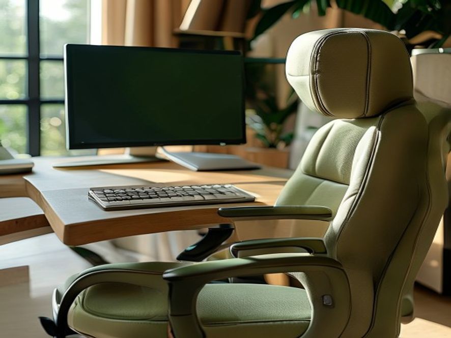 Ergonomische werkstoel en monitorconfiguratie in modern kantoor